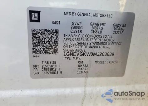 2021 Chevrolet Traverse Lt z USA, uszkodzony, nr VIN 1GNEVGKW0MJ203639